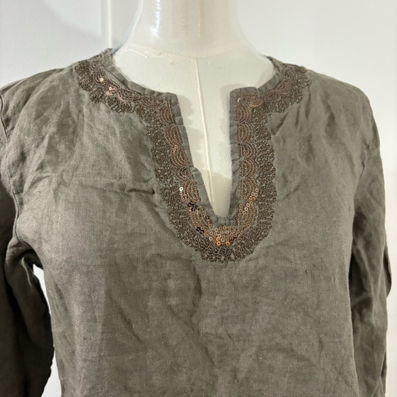 Lulu-B 100% Linen Womens S Blouse Brown Resort Travel Coverup Embellished Sequin - Picture 2 of 14
